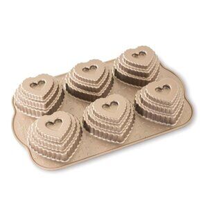 NEW! Nordic Ware Cast Bundt Bakeware Tiered Heart Cakelets Toffee 3-Cup USA
